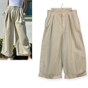 Free People After Love Cream Beige Roll Cuff Wide Leg Camp Pants Trousers Large